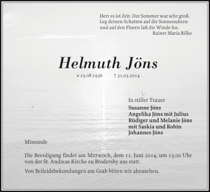 Traueranzeige für Helmuth Jöns vom 05.06.2014 aus Schleswiger Nachrichten