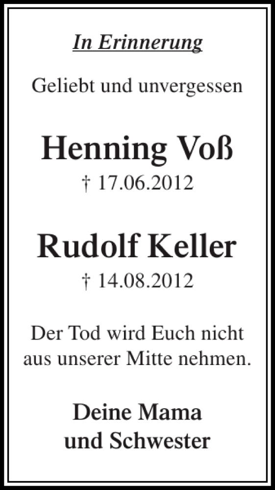 Traueranzeige für Henning Voß Rudolf Keller vom 17.06.2014 aus Stormarner Tageblatt