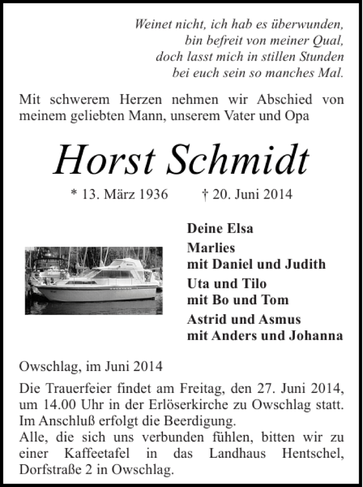  Traueranzeige für Horst Schmidt vom 25.06.2014 aus Landeszeitung