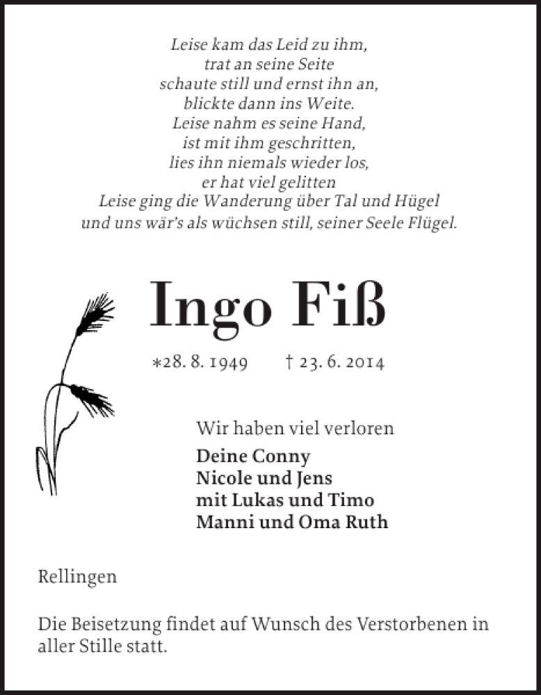  Traueranzeige für Ingo Fiß vom 28.06.2014 aus Pinneberger Tageblatt