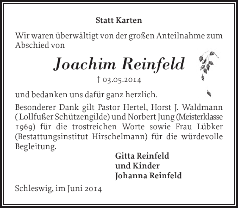  Traueranzeige für Joachim Reinfeld vom 04.06.2014 aus Schleswiger Nachrichten