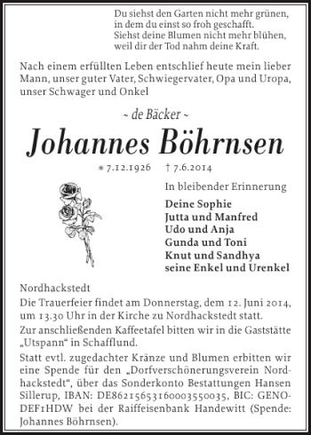 Traueranzeige von Johannes Böhrnsen von Flensburger Tageblatt