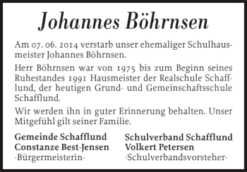 Traueranzeige von Johannes Böhrnsen von Flensburger Tageblatt