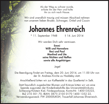 Traueranzeige von Johannes Ehrenreich von Schleswiger Nachrichten
