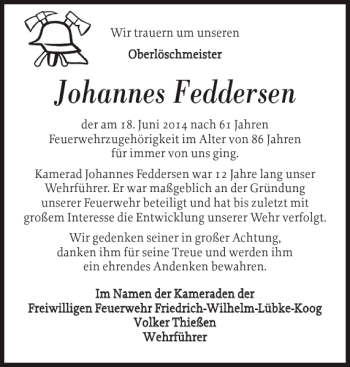 Traueranzeige von Johannes Feddersen von Nordfriesland Tageblatt