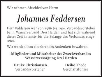 Traueranzeige von Johannes Feddersen von Nordfriesland Tageblatt
