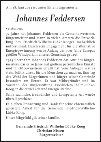 Traueranzeige von Johannes Feddersen von Husumer Nachrichten