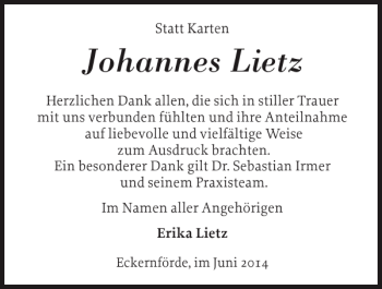 Traueranzeige von Johannes Lietz von Eckernförder Zeitung