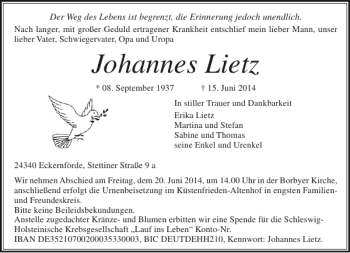 Traueranzeige von Johannes Lietz von Eckernförder Zeitung