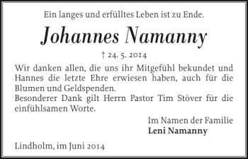 Traueranzeige von Johannes Namanny von Nordfriesland Tageblatt