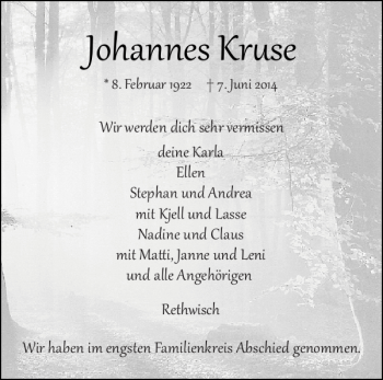 Traueranzeige von Johannes Kr se von Norddeutsche Rundschau