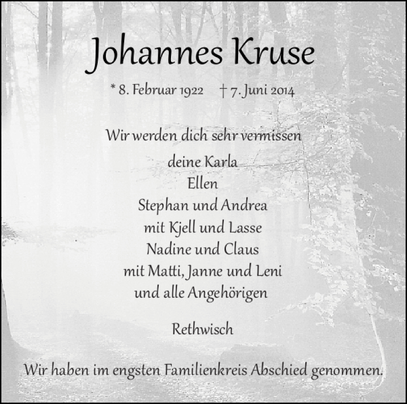 Traueranzeige für Johannes Kr se vom 14.06.2014 aus Norddeutsche Rundschau