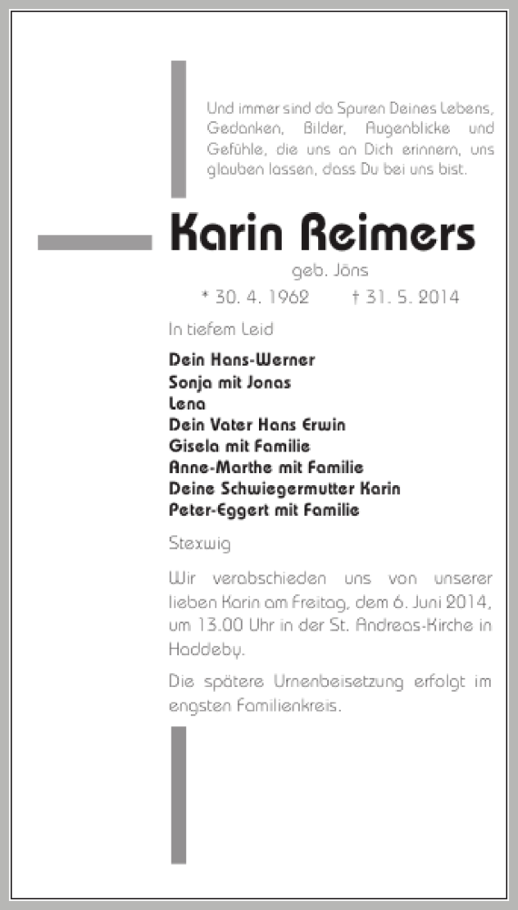  Traueranzeige für Karin Reimers vom 04.06.2014 aus Schleswiger Nachrichten