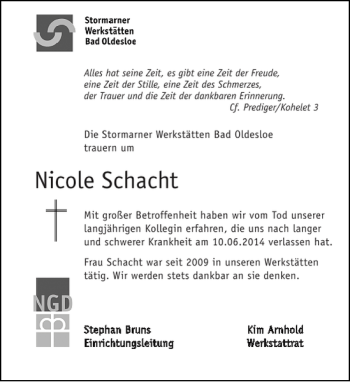 Traueranzeige von Nicole Schacht von Stormarner Tageblatt