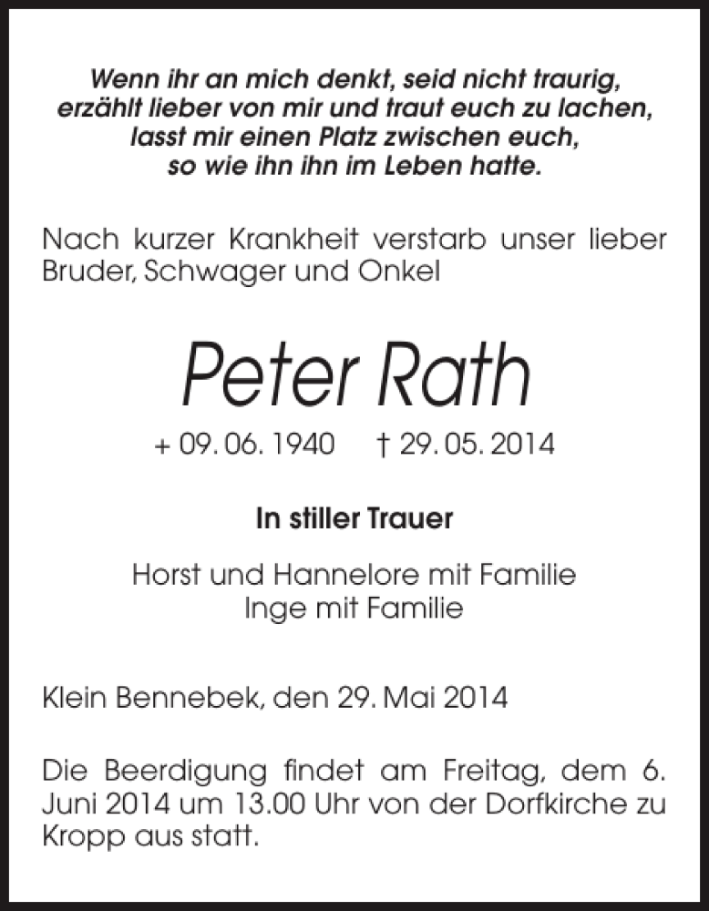  Traueranzeige für Peter Rath vom 03.06.2014 aus Landeszeitung