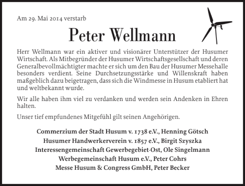  Traueranzeige für Peter Wellmann vom 14.06.2014 aus Husumer Nachrichten