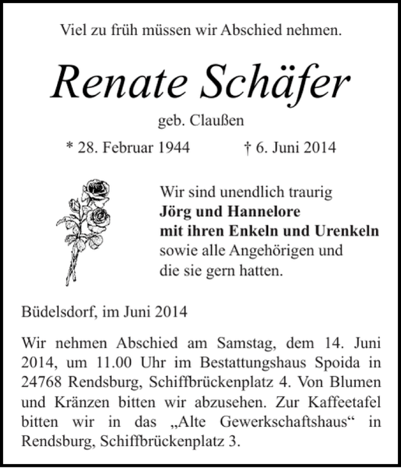  Traueranzeige für Renate Schäfer vom 11.06.2014 aus Landeszeitung