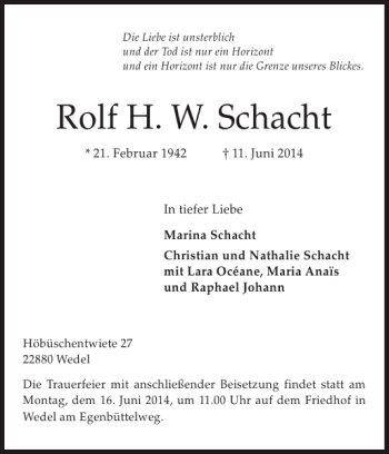 Traueranzeige von Rolf H. W. Schacht von Pinneberger Tageblatt