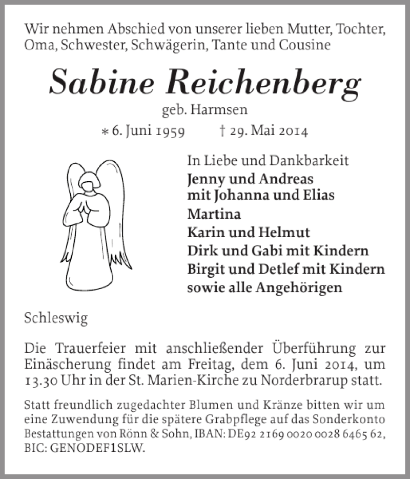  Traueranzeige für Sabine Reichenberg vom 02.06.2014 aus Schleswiger Nachrichten