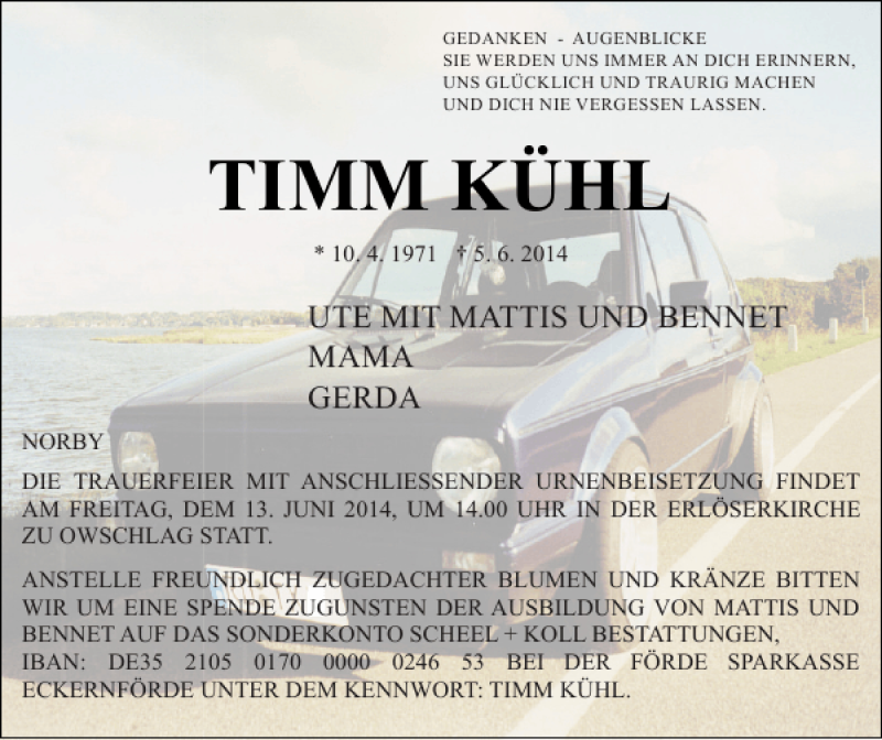  Traueranzeige für TIMM KÜHL vom 07.06.2014 aus Landeszeitung