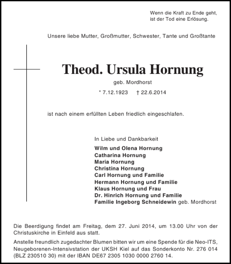  Traueranzeige für Theod. Ursula Hornung vom 25.06.2014 aus Holsteinischer Courier