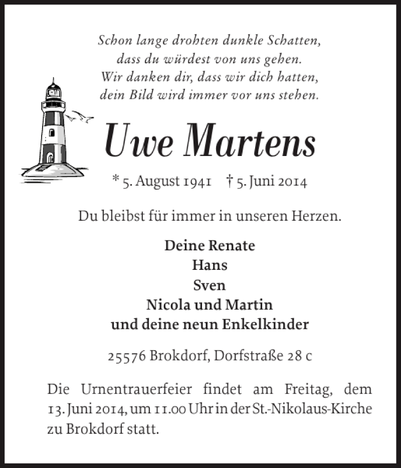  Traueranzeige für Uwe Martens vom 07.06.2014 aus Norddeutsche Rundschau