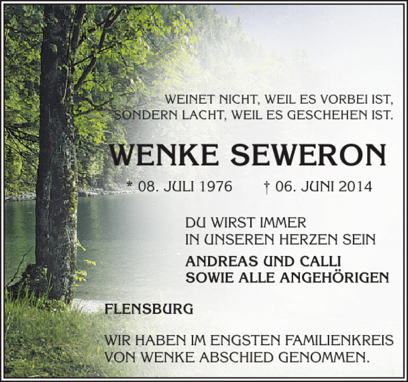  Traueranzeige für WENKE SEWERON vom 21.06.2014 aus Flensburger Tageblatt