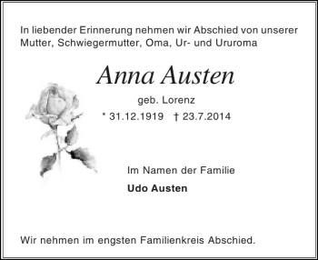 Traueranzeige von Anna Austen von Holsteinischer Courier