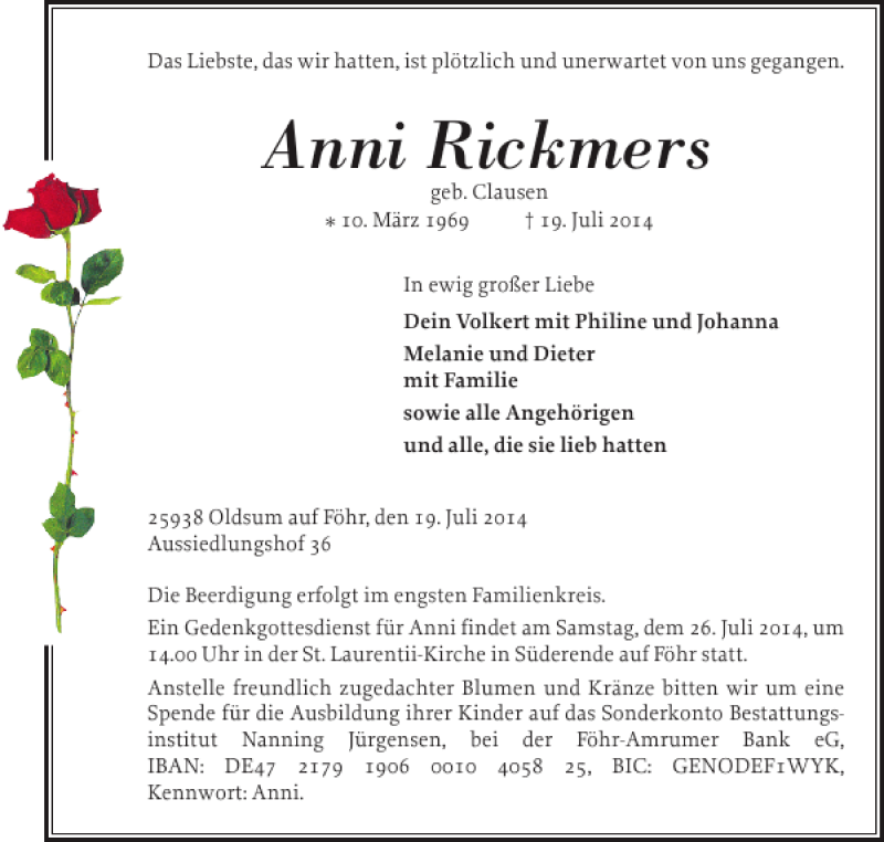  Traueranzeige für Anni Rickmers vom 22.07.2014 aus Der Insel-Bote