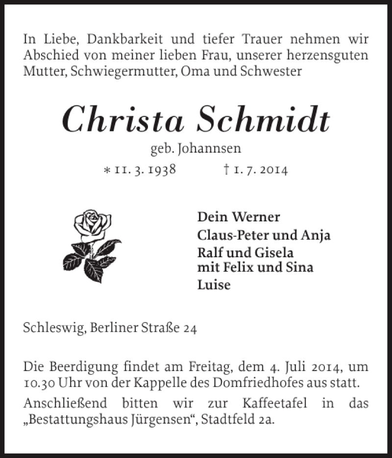  Traueranzeige für Christa Schmidt vom 03.07.2014 aus Schleswiger Nachrichten