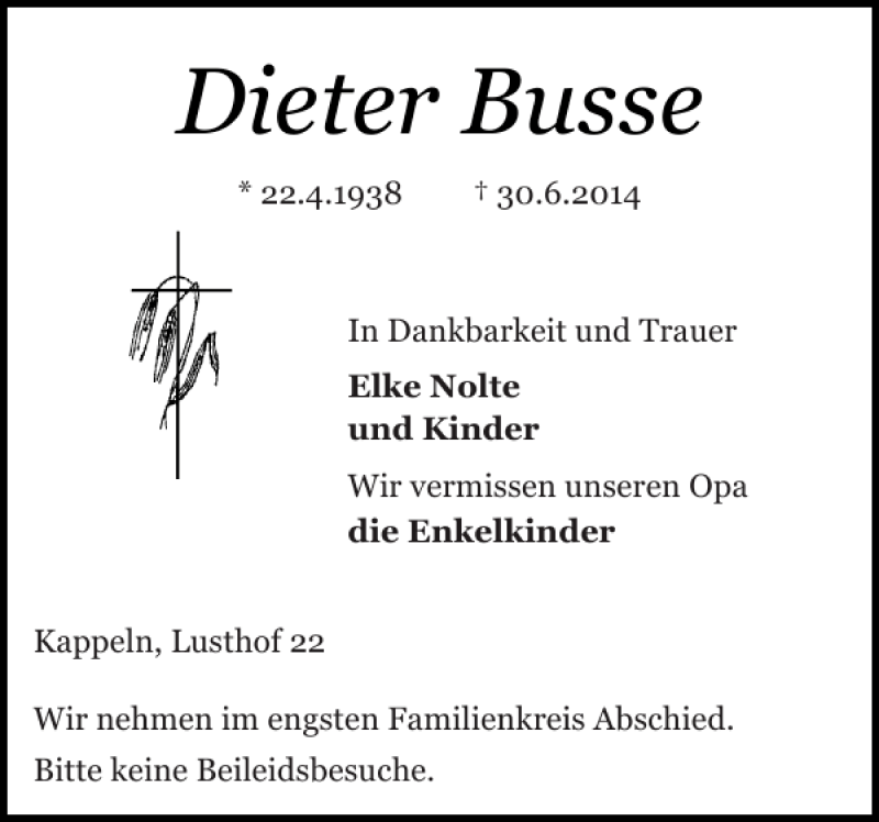  Traueranzeige für Dieter Busse vom 03.07.2014 aus Schlei-Bote