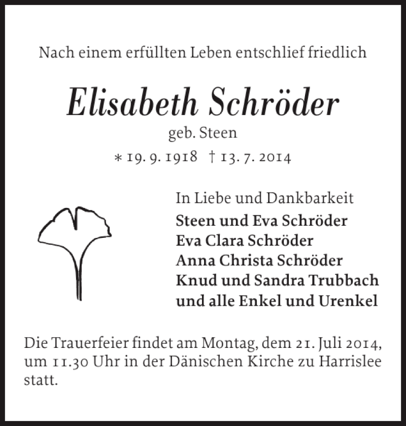  Traueranzeige für Elisabeth Schröder vom 17.07.2014 aus Flensburger Tageblatt