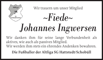 Traueranzeige von Fiede Johannes Ingwersen von Husumer Nachrichten