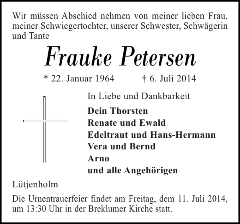  Traueranzeige für Frauke Petersen vom 09.07.2014 aus Husumer Nachrichten