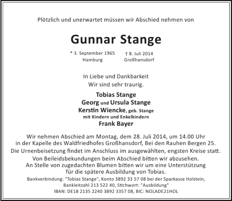  Traueranzeige für Gunnar Stange vom 19.07.2014 aus Stormarner Tageblatt
