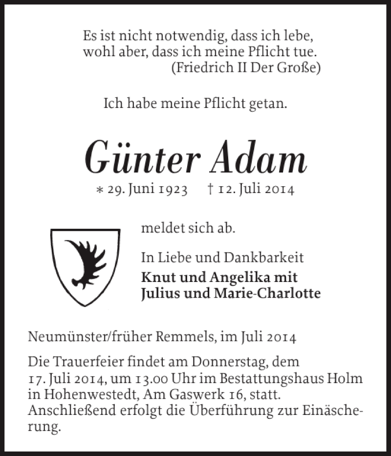  Traueranzeige für Günter Adam vom 15.07.2014 aus Landeszeitung