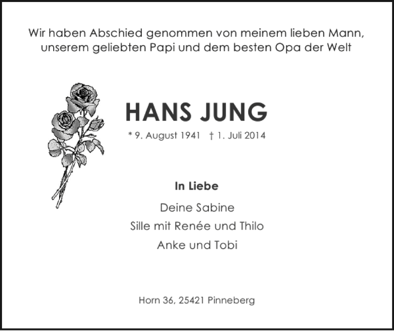  Traueranzeige für HANS JUNG vom 09.07.2014 aus Pinneberger Tageblatt