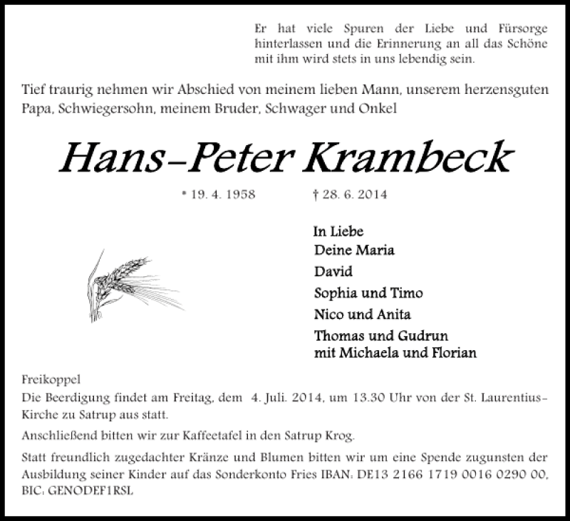  Traueranzeige für Hans-Peter Krambeck vom 01.07.2014 aus Flensburger Tageblatt