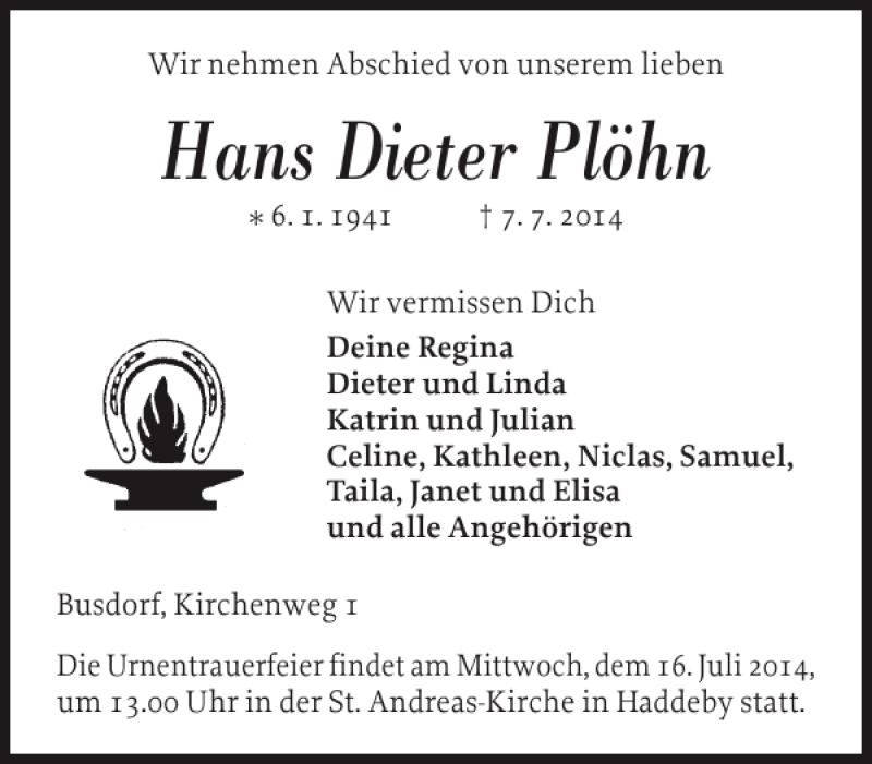  Traueranzeige für Hans Dieter Plöhn vom 09.07.2014 aus Schleswiger Nachrichten