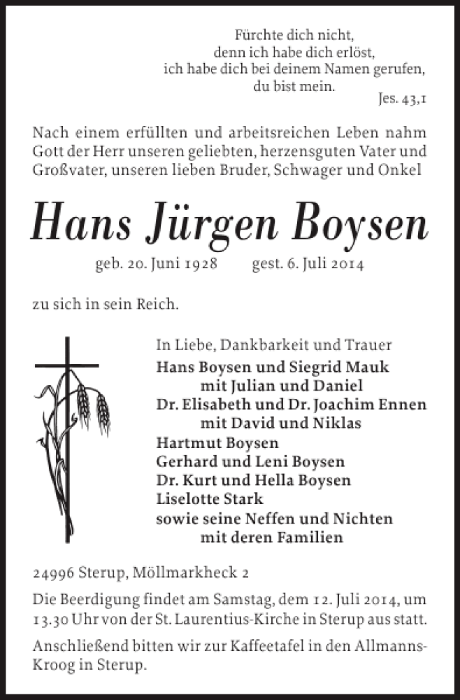  Traueranzeige für Hans Jürgen Boysen vom 09.07.2014 aus Flensburger Tageblatt
