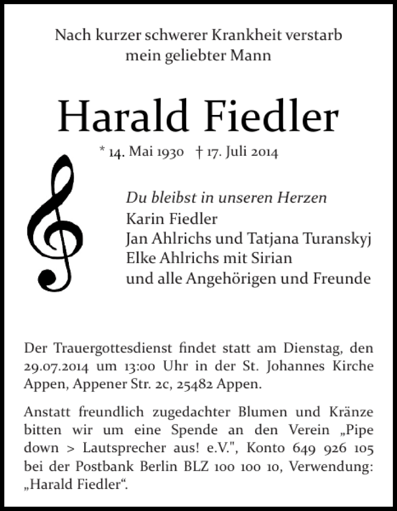  Traueranzeige für Harald Fiedler vom 23.07.2014 aus Pinneberger Tageblatt