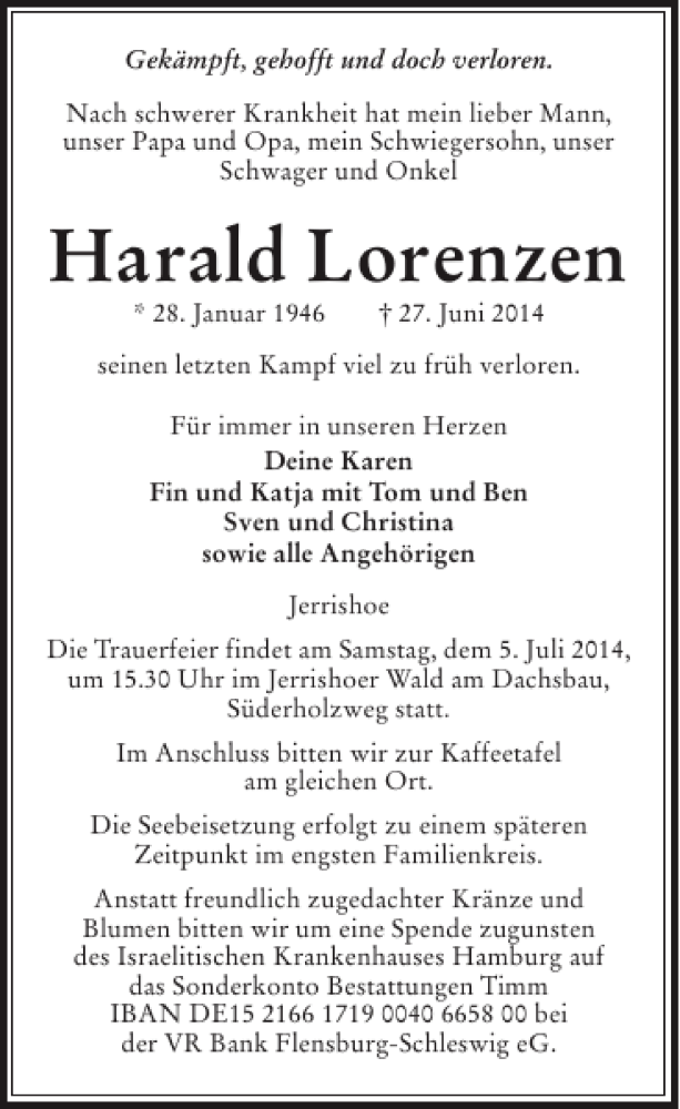  Traueranzeige für Harald Lorenzen vom 02.07.2014 aus Flensburger Tageblatt