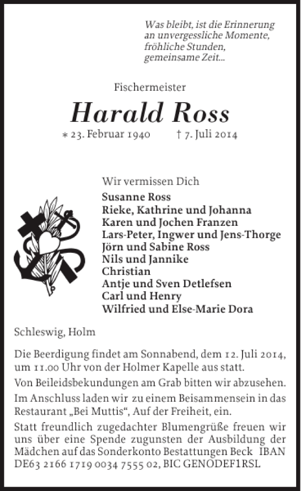  Traueranzeige für Harald Ross vom 10.07.2014 aus Schleswiger Nachrichten