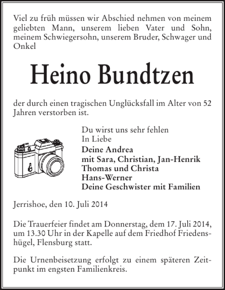  Traueranzeige für Heino Bundtzen vom 14.07.2014 aus Flensburger Tageblatt