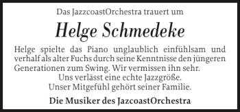 Traueranzeige von Helge Schmedeke von Flensburger Tageblatt