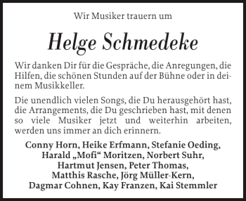 Traueranzeige von Helge Schmedeke von Flensburger Tageblatt