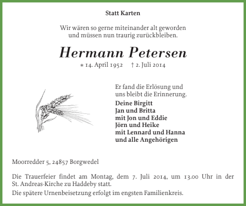  Traueranzeige für Hermann Petersen vom 04.07.2014 aus Flensburger Tageblatt