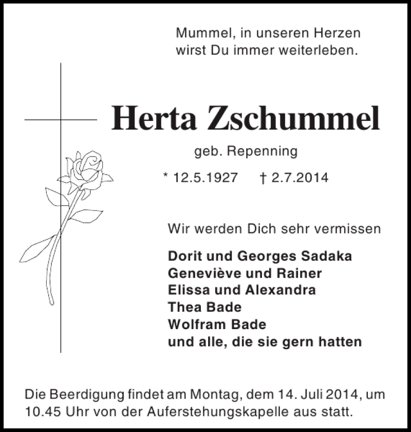  Traueranzeige für Herta Zschummel vom 05.07.2014 aus Holsteinischer Courier