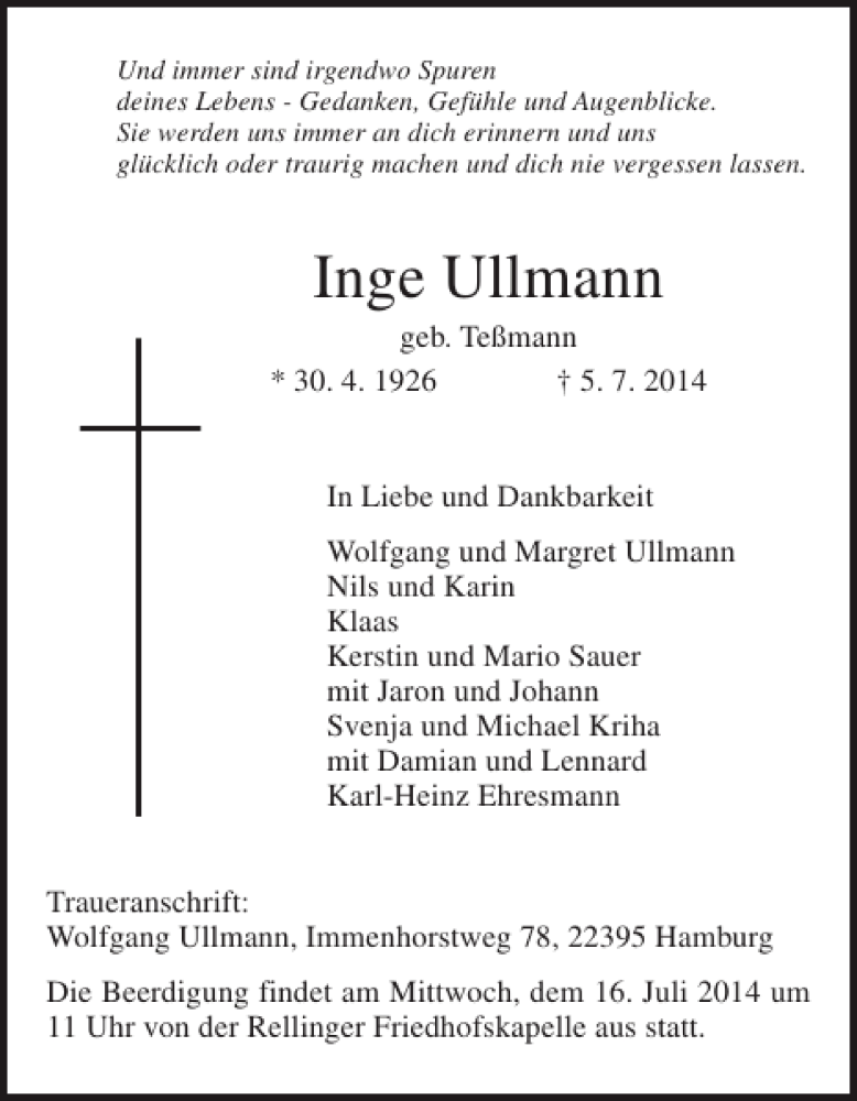  Traueranzeige für Inge Ullmann vom 15.07.2014 aus Pinneberger Tageblatt