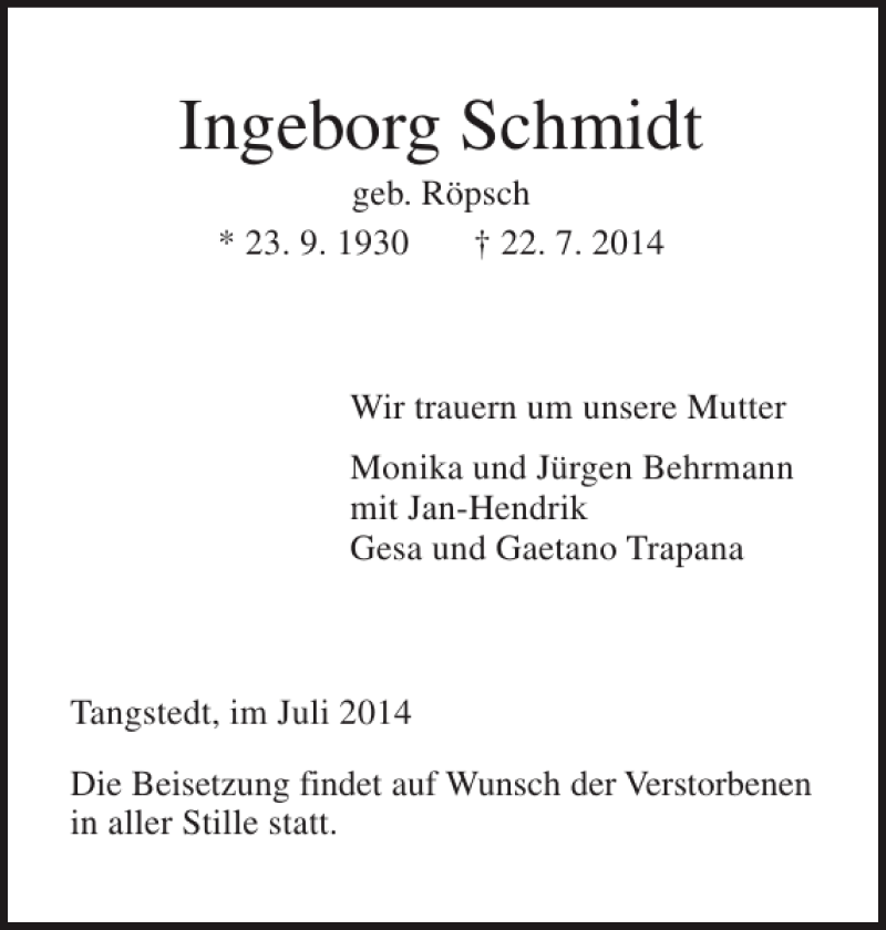  Traueranzeige für Ingeborg Schmidt vom 26.07.2014 aus Pinneberger Tageblatt
